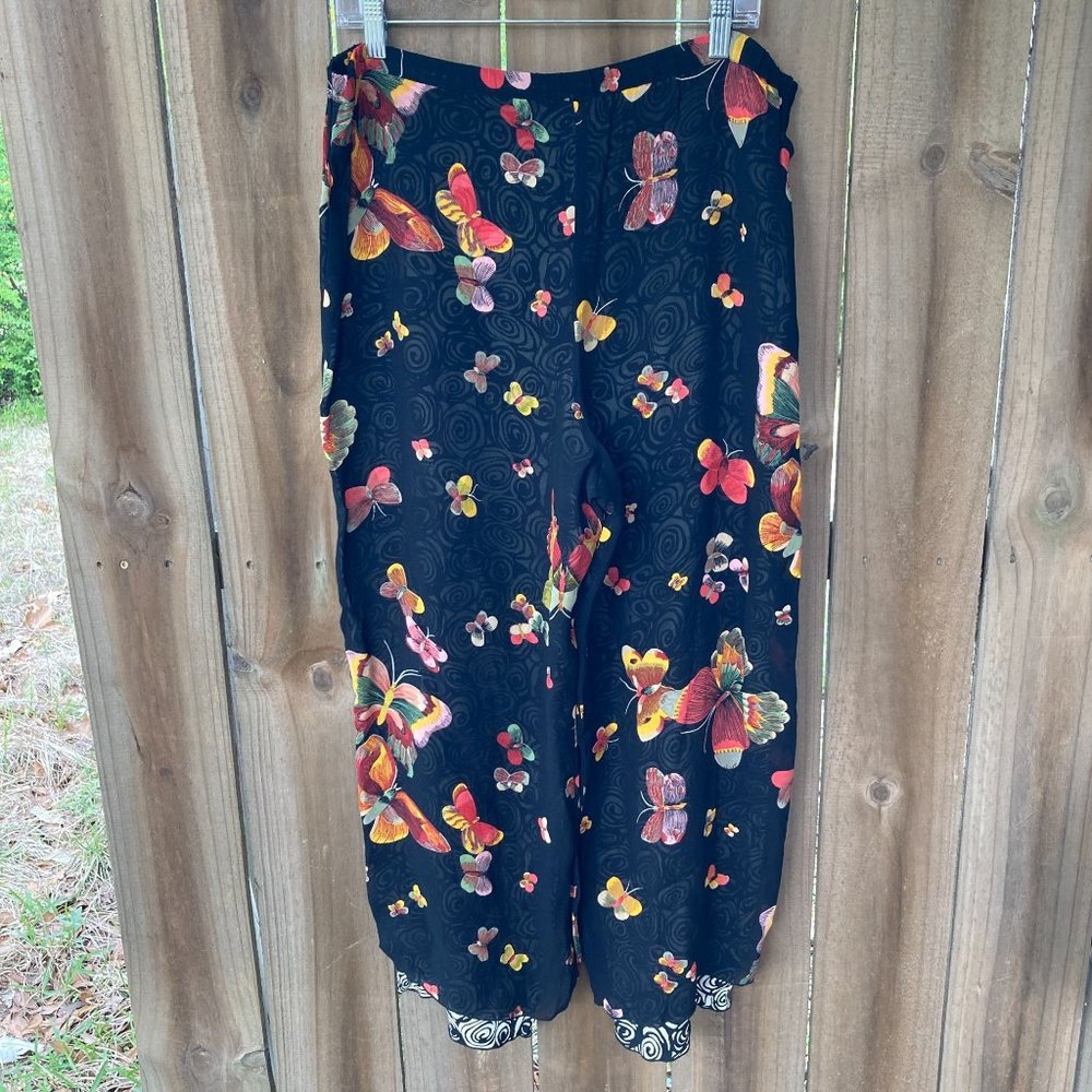 Vintage 90s F L MALIK Artsy Double Layer RAYON Wide Leg PANTS Butterflies M Flaw